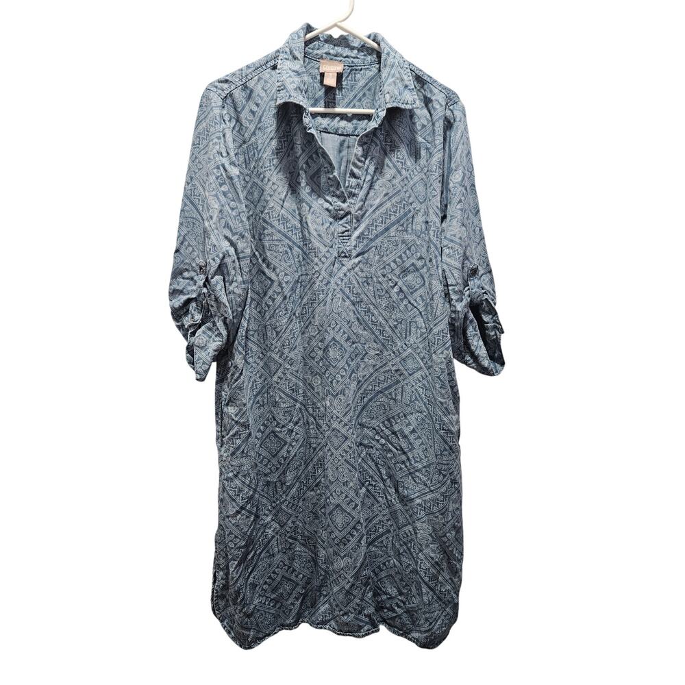 Chicos Womens Blue Southwestern Aztec Chambray Look Shirt Dress Size 3 16 18